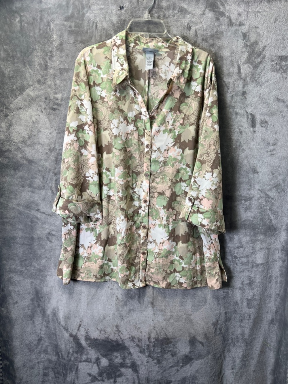 Catherines Floral Button-Front Tunic in Green, Beige, White